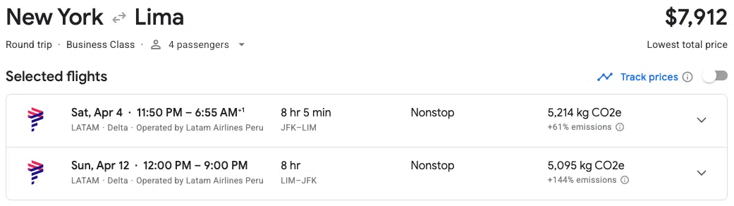 Google Flights booking for 3 passengers, plus a lap infant, flying LATAM Airlines business class from JFK-LIM for $7,912 round trip.